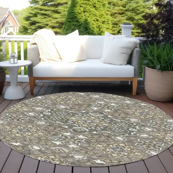 8' Brown Gray And Ivory Round Medallion Washable Indoor Outdoor Area Rug Photo 5