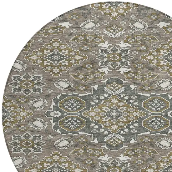 8' Brown Gray And Ivory Round Medallion Washable Indoor Outdoor Area Rug Photo 8