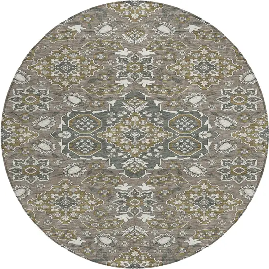 8' Brown Gray And Ivory Round Medallion Washable Indoor Outdoor Area Rug Photo 1