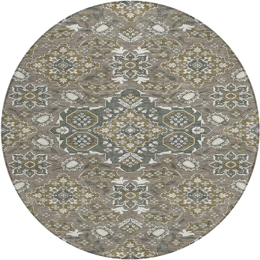 8' Brown Gray And Ivory Round Medallion Washable Indoor Outdoor Area Rug Photo 1