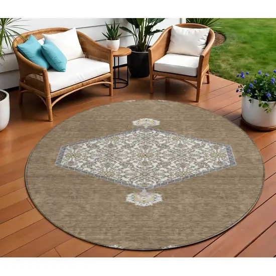 8' Brown Gray And Ivory Round Oriental Washable Indoor Outdoor Area Rug Photo 1