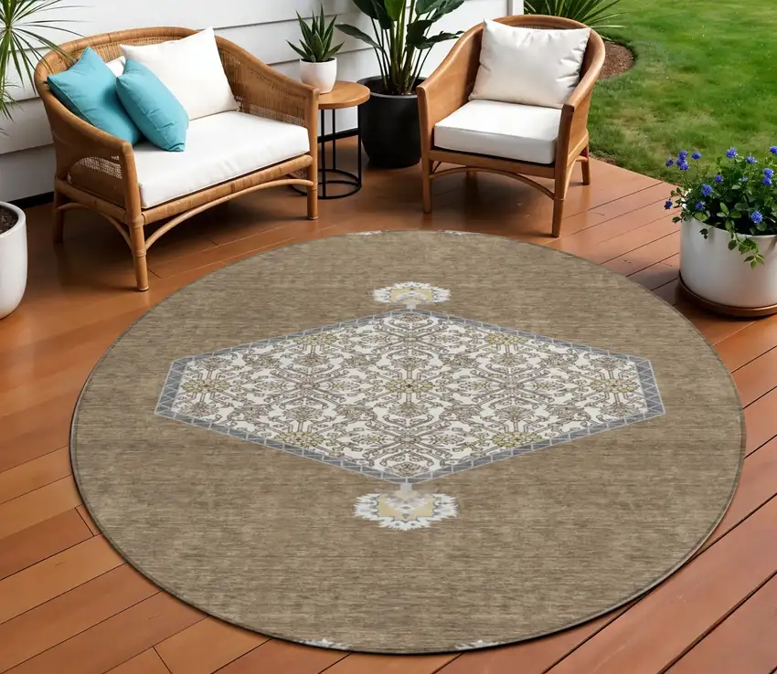 8' Brown Gray And Ivory Round Oriental Washable Indoor Outdoor Area Rug Photo 1