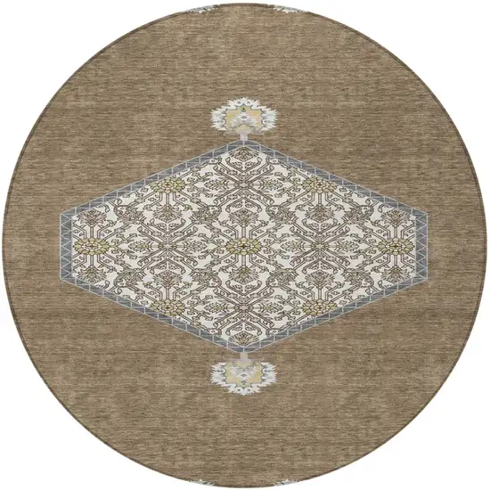 8' Brown Gray And Ivory Round Oriental Washable Indoor Outdoor Area Rug Photo 5