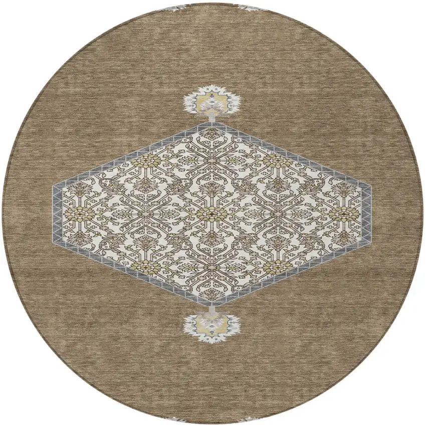 8' Brown Gray And Ivory Round Oriental Washable Indoor Outdoor Area Rug Photo 5