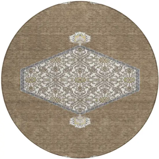 8' Brown Gray And Ivory Round Oriental Washable Indoor Outdoor Area Rug Photo 2