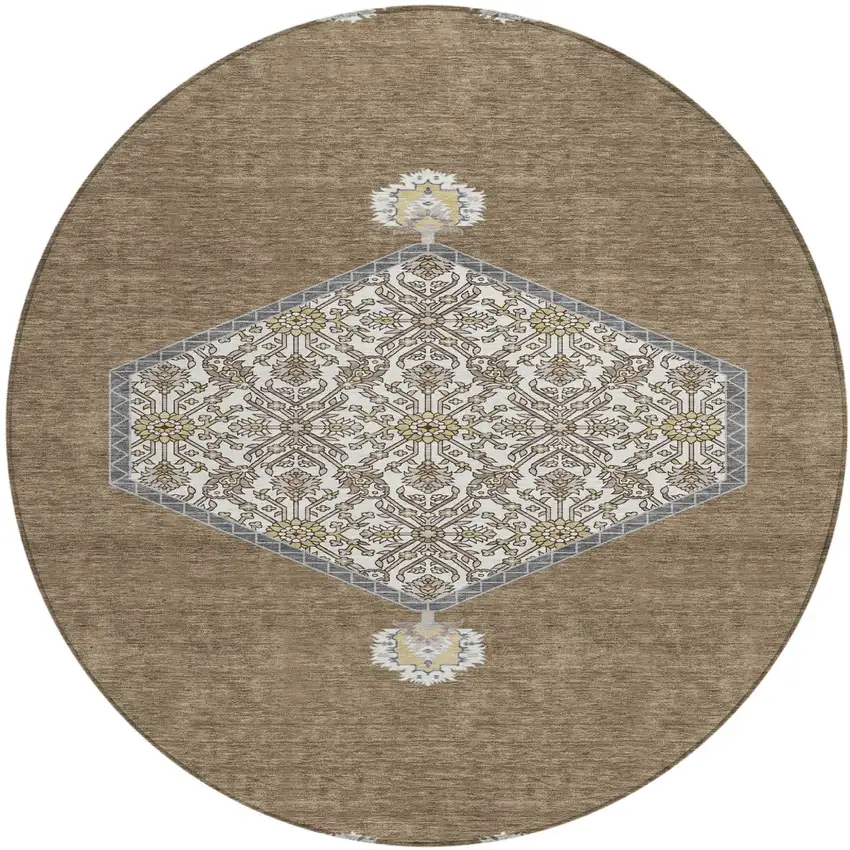 8' Brown Gray And Ivory Round Oriental Washable Indoor Outdoor Area Rug Photo 2
