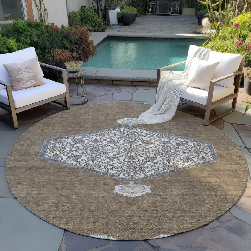 8' Brown Gray And Ivory Round Oriental Washable Indoor Outdoor Area Rug Photo 6