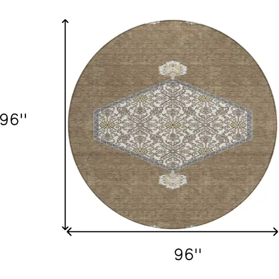 8' Brown Gray And Ivory Round Oriental Washable Indoor Outdoor Area Rug Photo 3