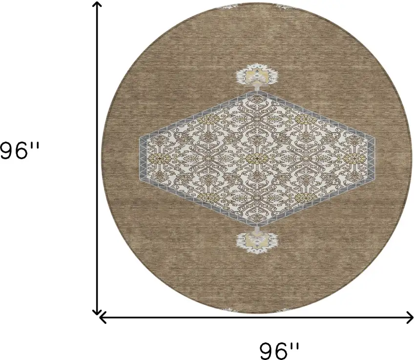 8' Brown Gray And Ivory Round Oriental Washable Indoor Outdoor Area Rug Photo 3