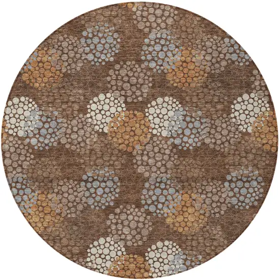 8' Brown Gray And Ivory Round Polka Dot Washable Indoor Outdoor Area Rug Photo 6