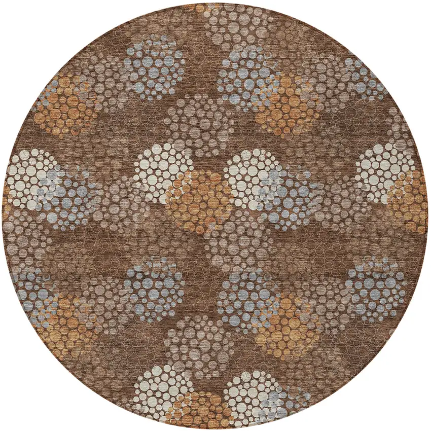 8' Brown Gray And Ivory Round Polka Dot Washable Indoor Outdoor Area Rug Photo 6