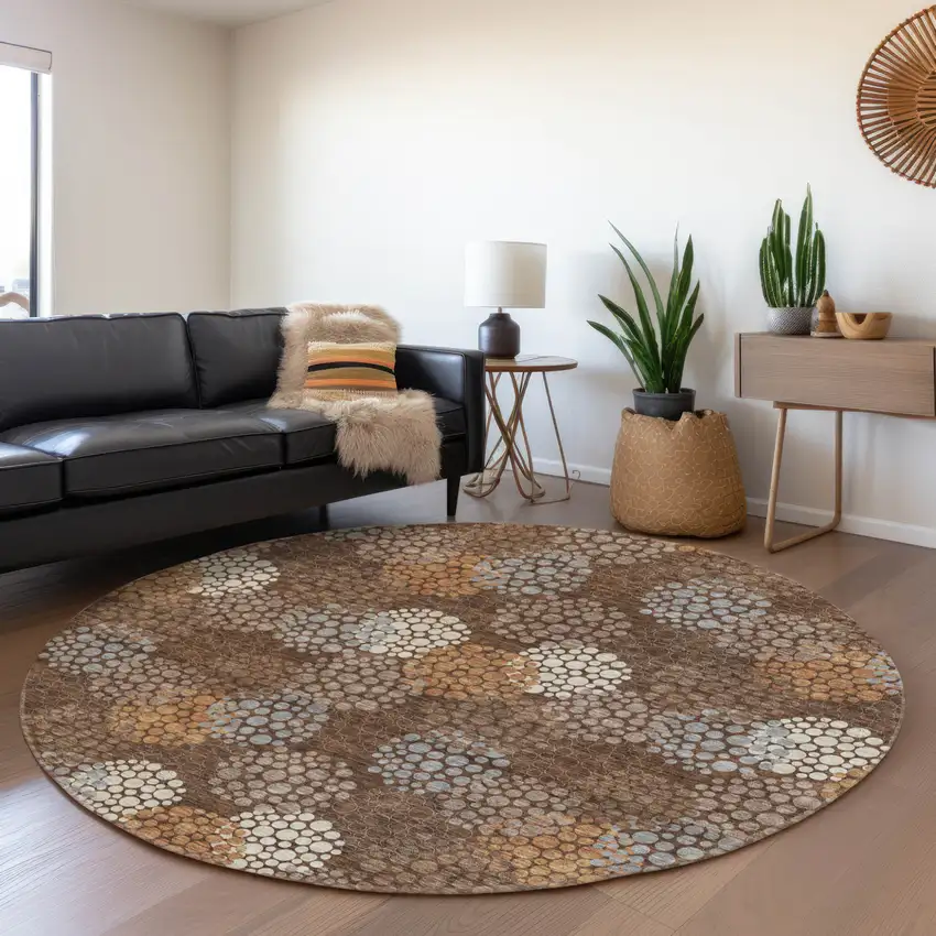 8' Brown Gray And Ivory Round Polka Dot Washable Indoor Outdoor Area Rug Photo 8