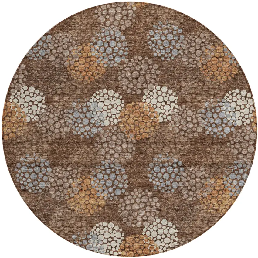 8' Brown Gray And Ivory Round Polka Dot Washable Indoor Outdoor Area Rug Photo 2