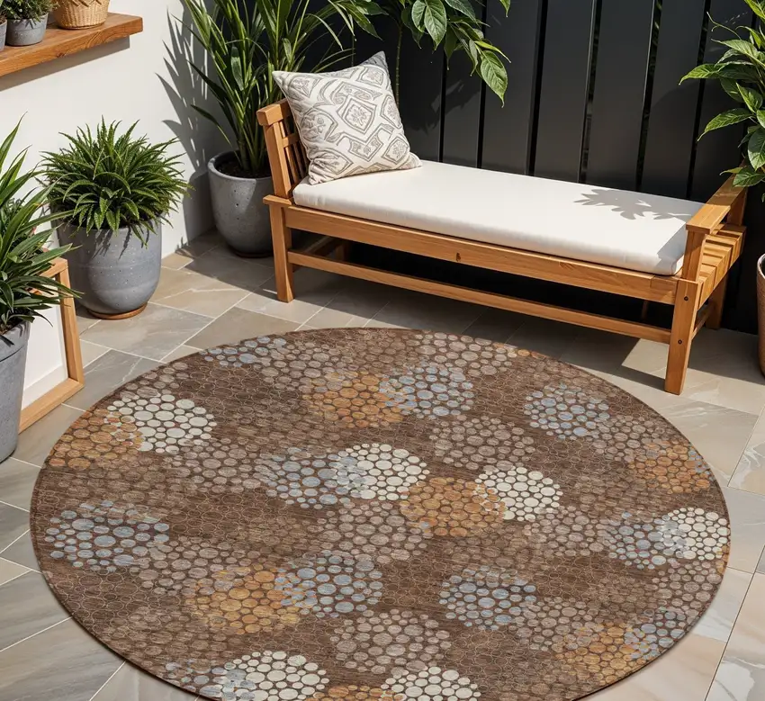 8' Brown Gray And Ivory Round Polka Dot Washable Indoor Outdoor Area Rug Photo 1