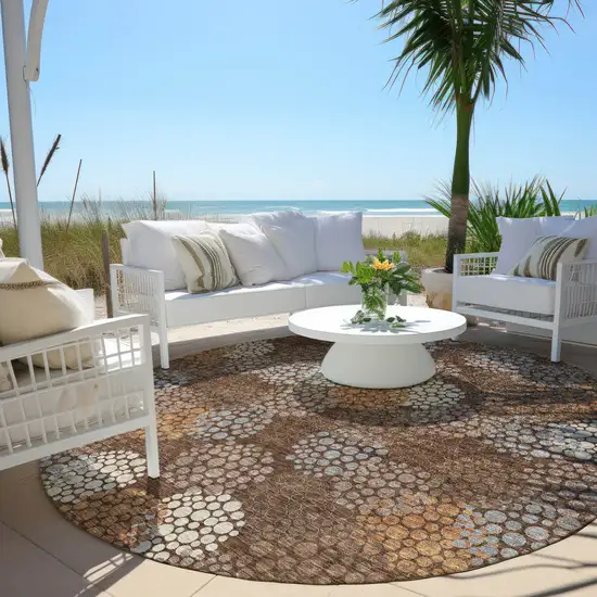 8' Brown Gray And Ivory Round Polka Dot Washable Indoor Outdoor Area Rug Photo 7