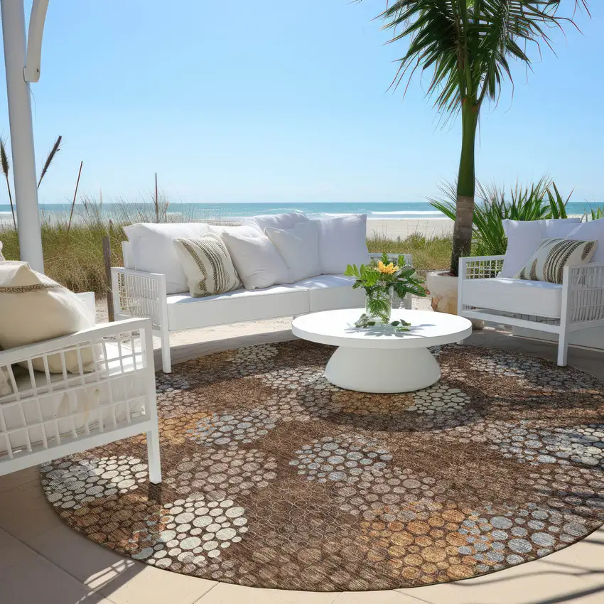 8' Brown Gray And Ivory Round Polka Dot Washable Indoor Outdoor Area Rug Photo 7