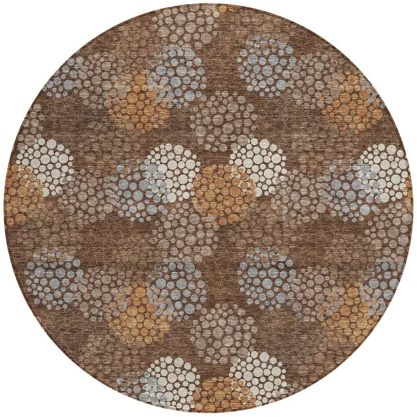 8' Brown Gray And Ivory Round Polka Dot Washable Indoor Outdoor Area Rug Photo 5