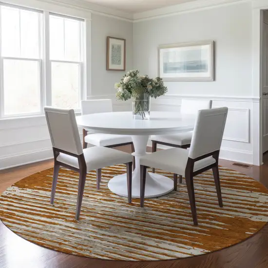 8' Brown Gray And Ivory Round Striped Washable Indoor Outdoor Area Rug Photo 7