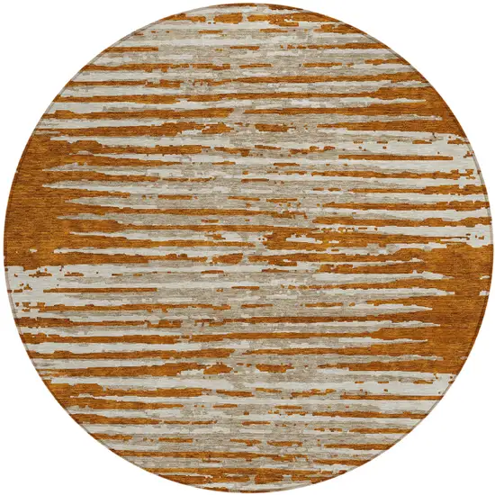 8' Brown Gray And Ivory Round Striped Washable Indoor Outdoor Area Rug Photo 2