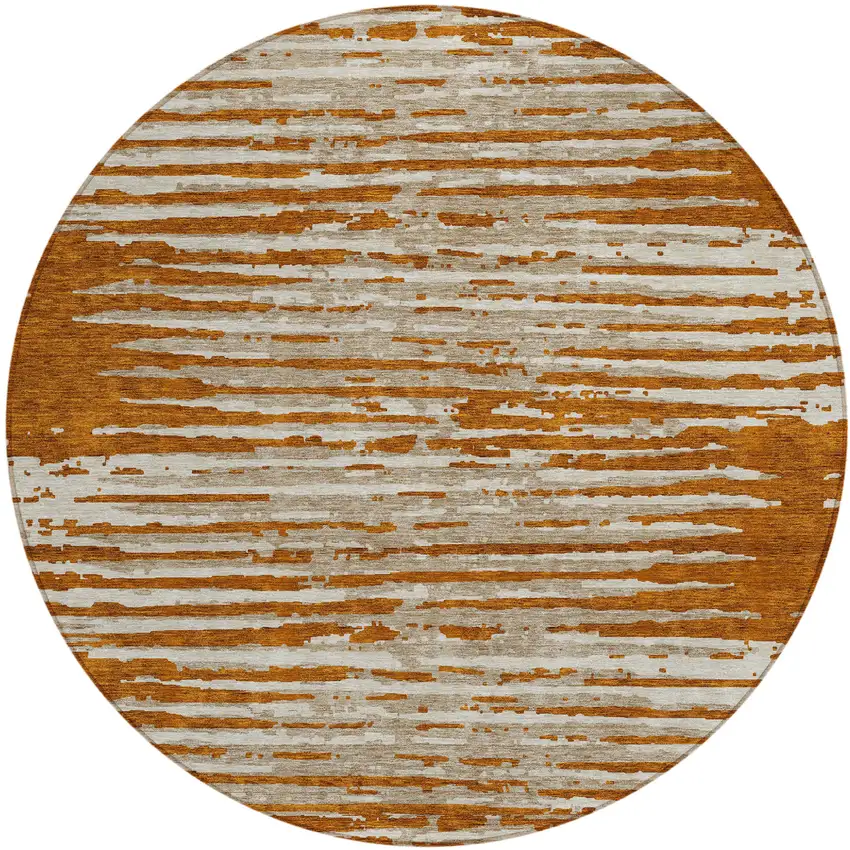 8' Brown Gray And Ivory Round Striped Washable Indoor Outdoor Area Rug Photo 2