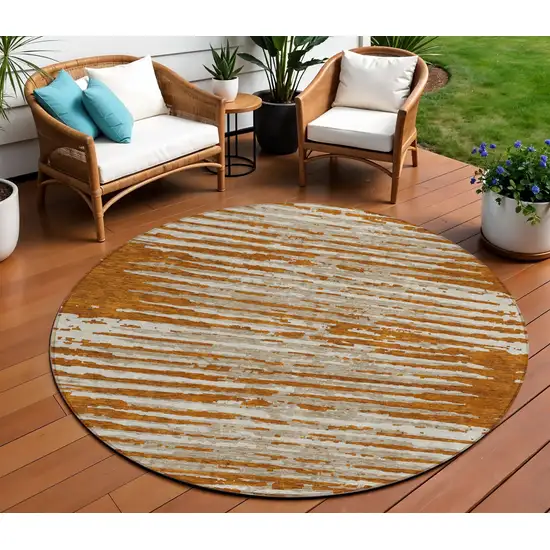 8' Brown Gray And Ivory Round Striped Washable Indoor Outdoor Area Rug Photo 1
