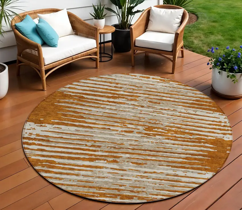 8' Brown Gray And Ivory Round Striped Washable Indoor Outdoor Area Rug Photo 1