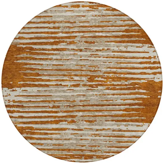 8' Brown Gray And Ivory Round Striped Washable Indoor Outdoor Area Rug Photo 5