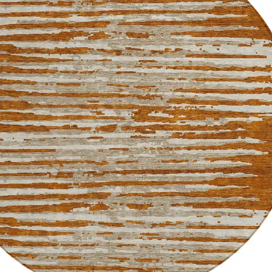 8' Brown Gray And Ivory Round Striped Washable Indoor Outdoor Area Rug Photo 4