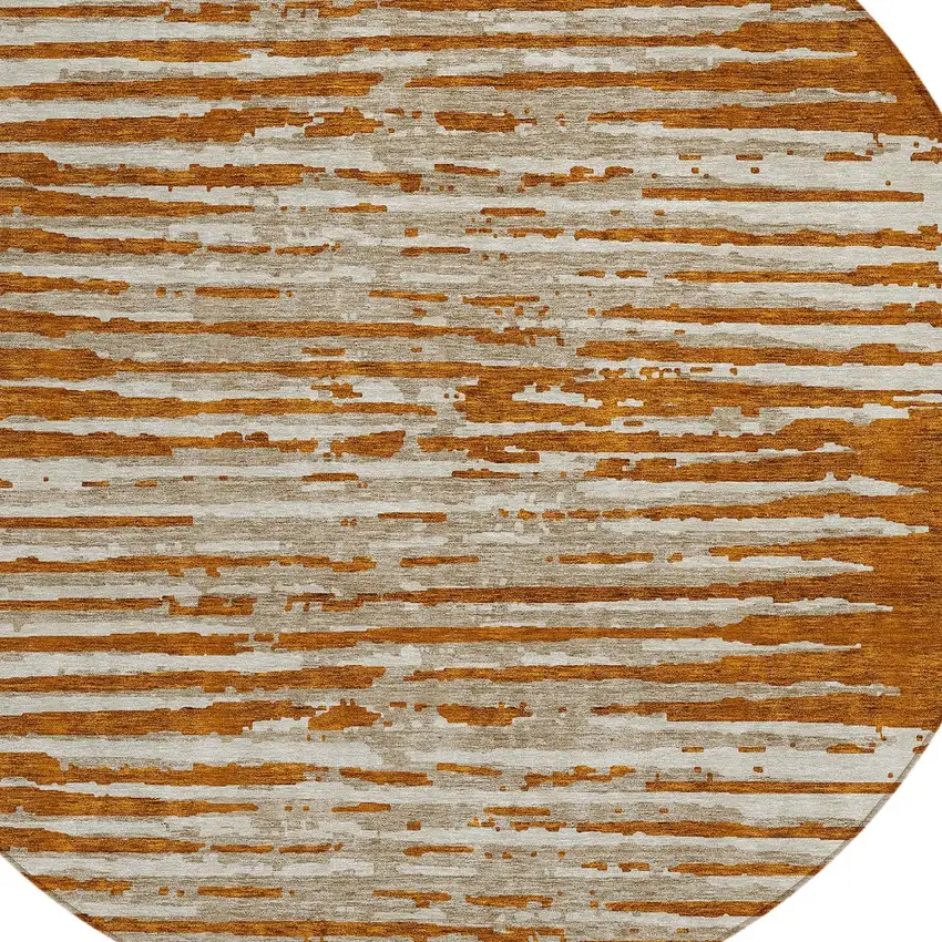 8' Brown Gray And Ivory Round Striped Washable Indoor Outdoor Area Rug Photo 4