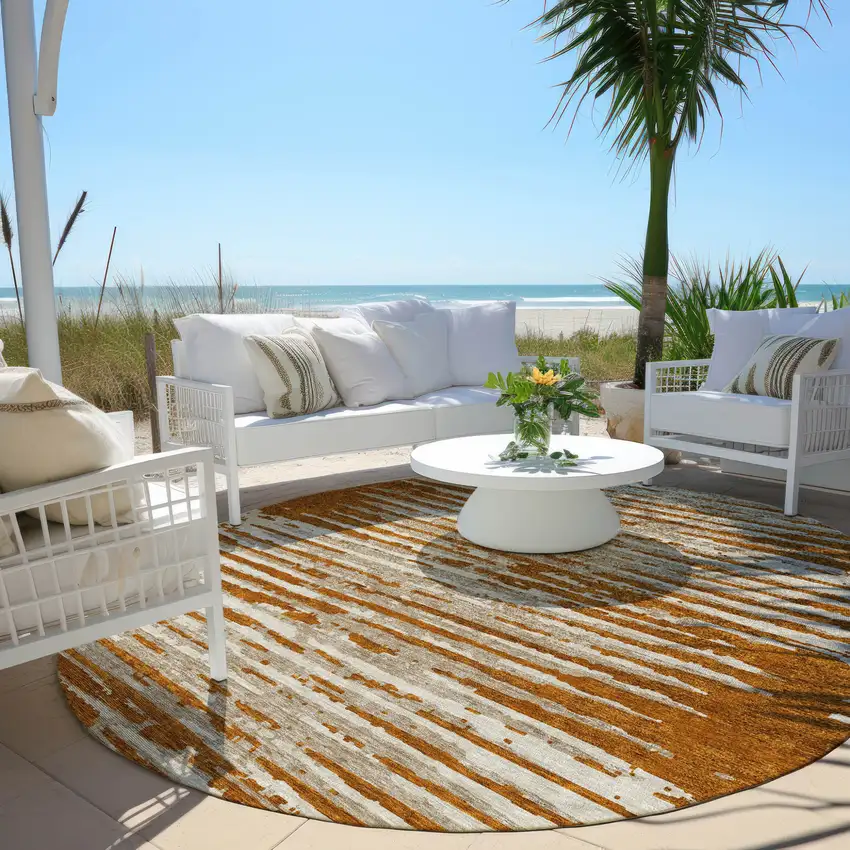 8' Brown Gray And Ivory Round Striped Washable Indoor Outdoor Area Rug Photo 6