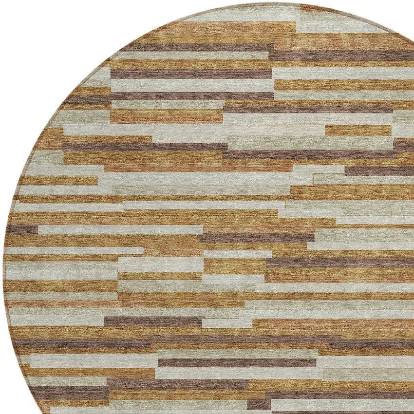 8' Brown Gray And Ivory Round Striped Washable Indoor Outdoor Area Rug Photo 4