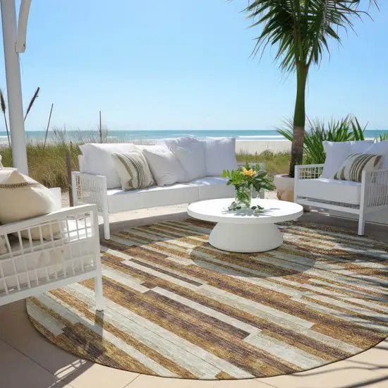 8' Brown Gray And Ivory Round Striped Washable Indoor Outdoor Area Rug Photo 6