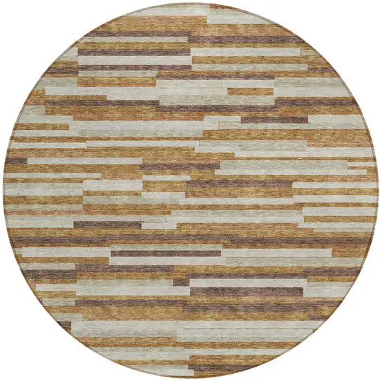 8' Brown Gray And Ivory Round Striped Washable Indoor Outdoor Area Rug Photo 2