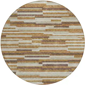 Photo of 8' Brown Gray And Ivory Round Striped Washable Indoor Outdoor Area Rug
