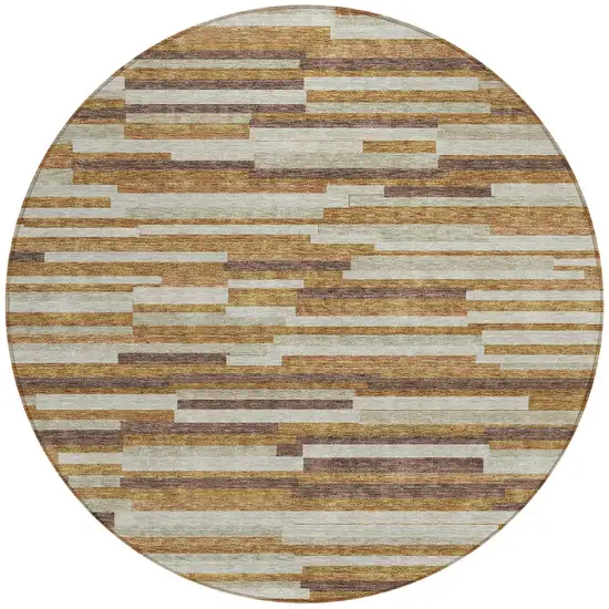 8' Brown Gray And Ivory Round Striped Washable Indoor Outdoor Area Rug Photo 5