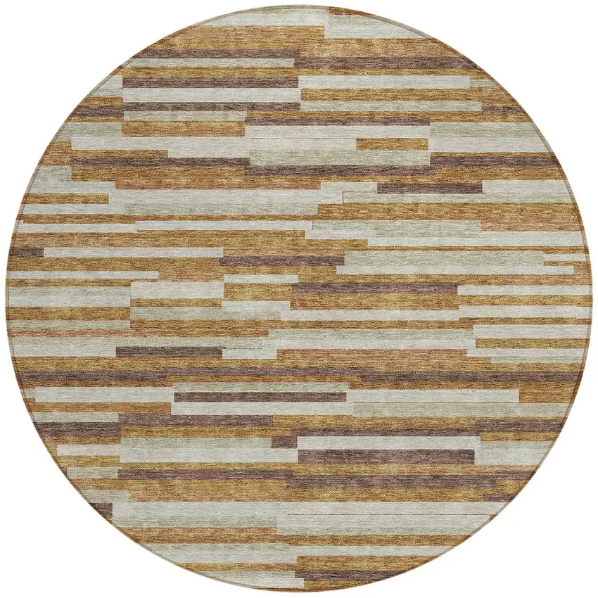 8' Brown Gray And Ivory Round Striped Washable Indoor Outdoor Area Rug Photo 5