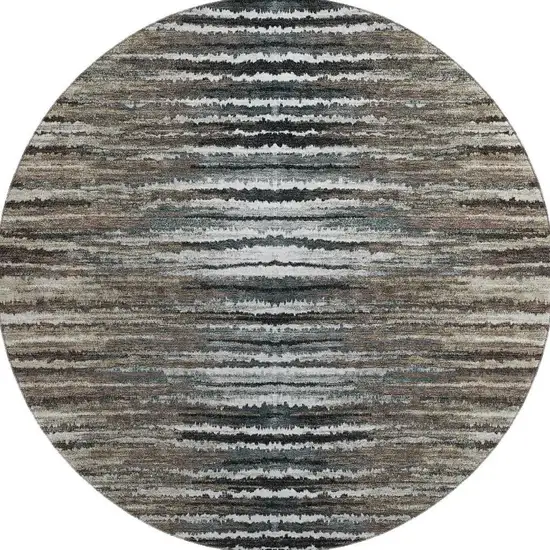 8' Brown Gray And Ivory Striped Washable Round Rug With UV Protection Photo 4