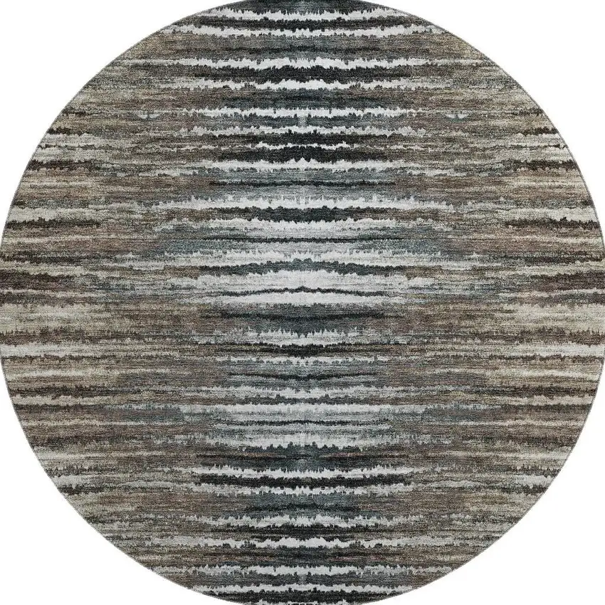 8' Brown Gray And Ivory Striped Washable Round Rug With UV Protection Photo 4
