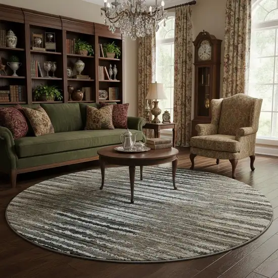 8' Brown Gray And Ivory Striped Washable Round Rug With UV Protection Photo 2