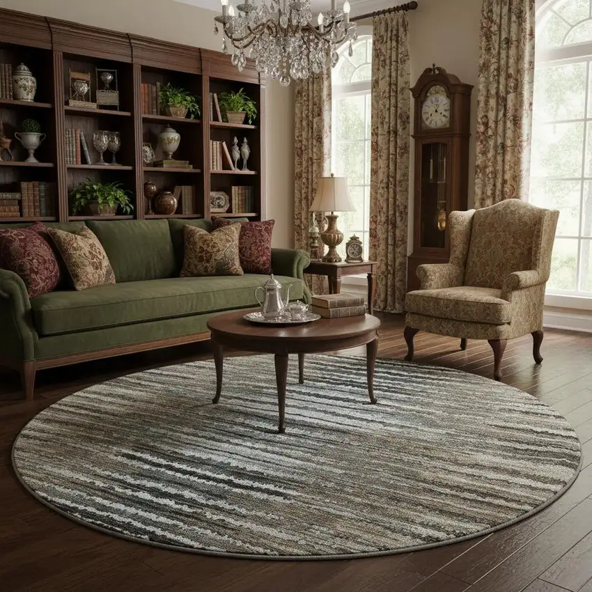 8' Brown Gray And Ivory Striped Washable Round Rug With UV Protection Photo 2