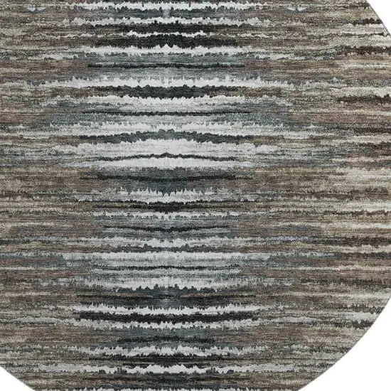 8' Brown Gray And Ivory Striped Washable Round Rug With UV Protection Photo 3