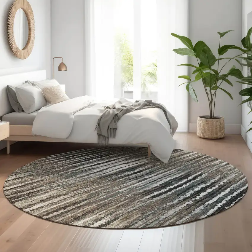 8' Brown Gray And Ivory Striped Washable Round Rug With UV Protection Photo 5