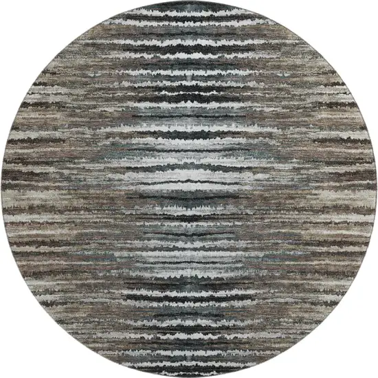 8' Brown Gray And Ivory Striped Washable Round Rug With UV Protection Photo 1
