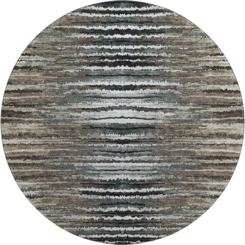 8' Brown Gray And Ivory Striped Washable Round Rug With UV Protection Photo 1