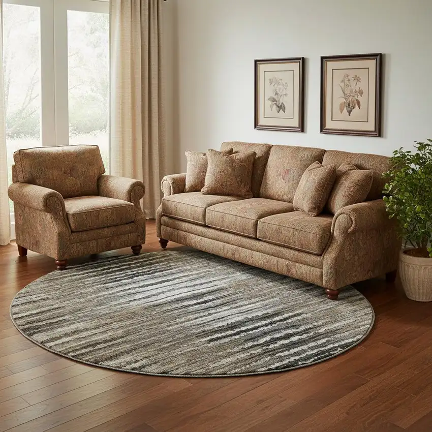 8' Brown Gray And Ivory Striped Washable Round Rug With UV Protection Photo 1