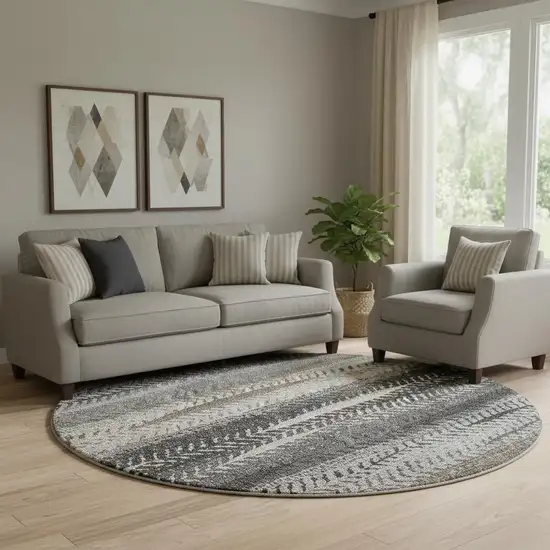 8' Brown Gray And Ivory Striped Washable Round Rug With UV Protection Photo 1