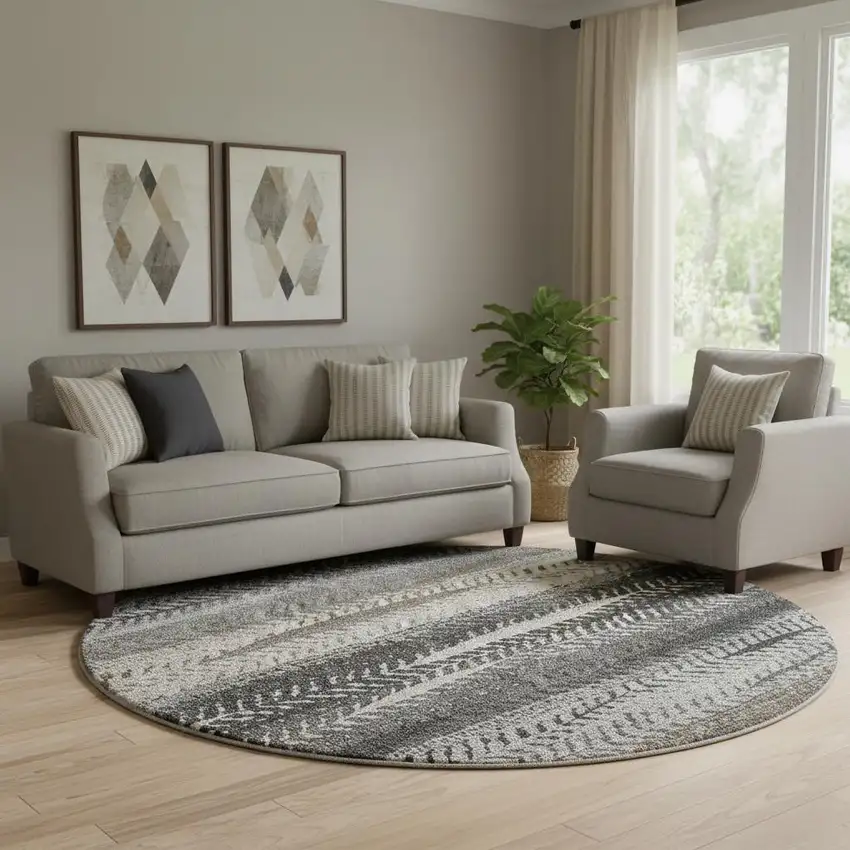 8' Brown Gray And Ivory Striped Washable Round Rug With UV Protection Photo 1