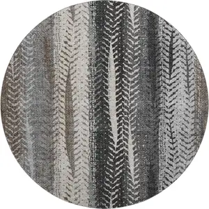 Photo of 8' Brown Gray And Ivory Striped Washable Round Rug With UV Protection