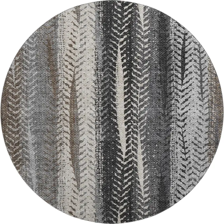 8' Brown Gray And Ivory Striped Washable Round Rug With UV Protection Photo 1