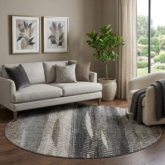 8' Brown Gray And Ivory Striped Washable Round Rug With UV Protection Photo 1